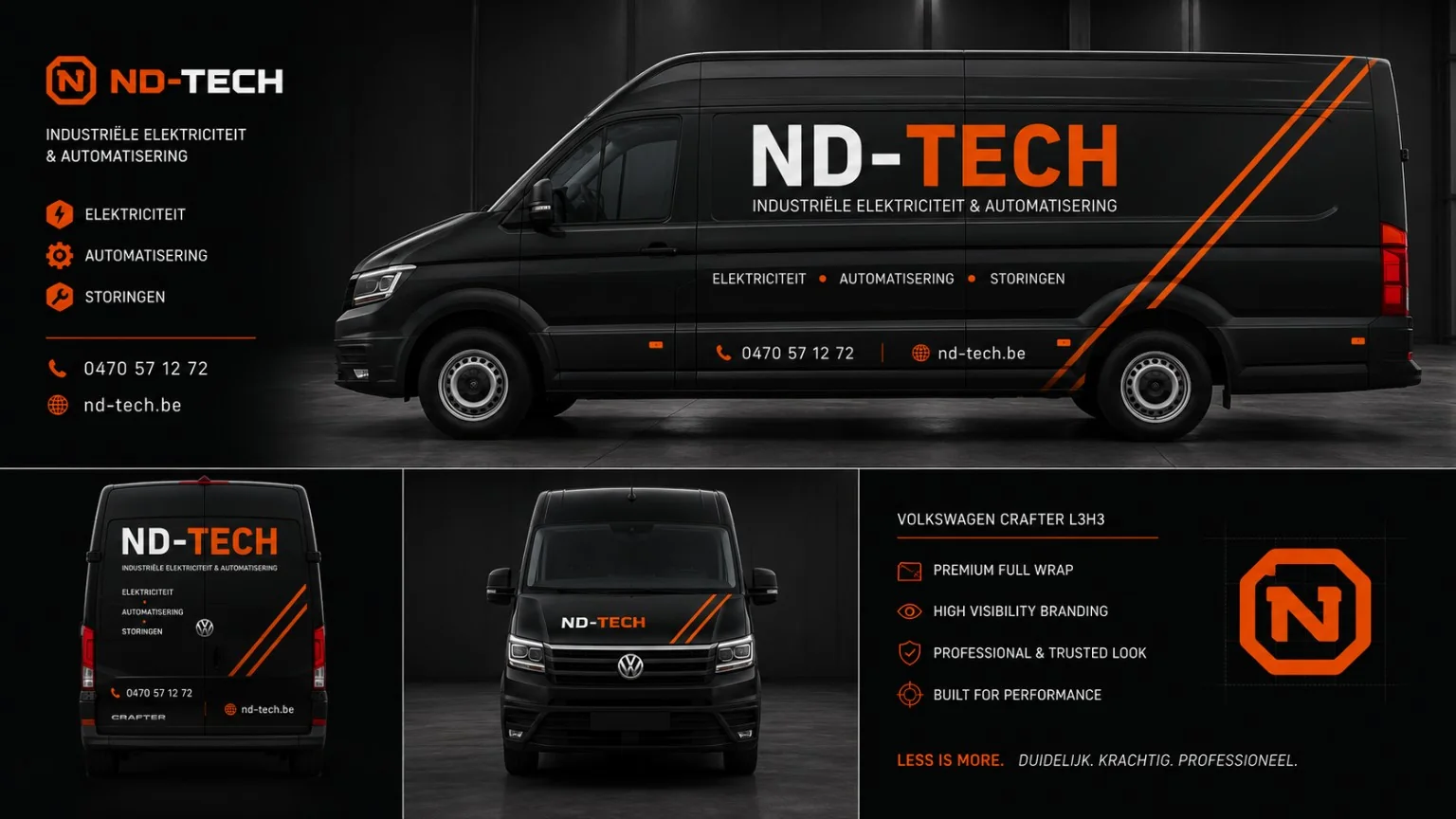 Bestickeringsconcept van de ND-TECH Crafter met zijaanzicht, voorkant en achterkant